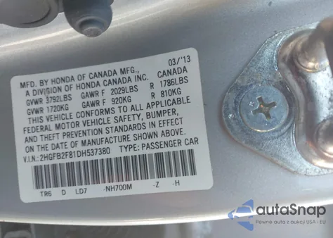 2013 Honda Civic Ex из США, поврежденный, VIN 2HGFB2F81DH537380